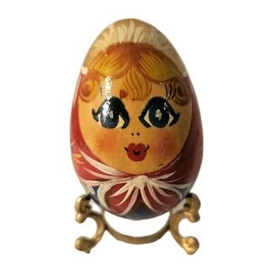 Vintage Russian Hand- Painted Babushka Matrioska Egg Wood 3" Easter